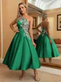 Perfect Ball-Gown One-Shoulder Flower Tea-Length Satin Dress